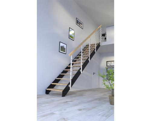Schodisko Pertura Libra Rustikálny dub bez podstupníc čierna rovné 87 cm 12/13 Schodisko s drevenými stupňami a kovovým zábradlím vo svetlej miestnosti