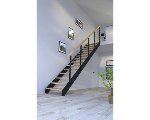Schodisko Pertura Libra Rustikálny dub bez podstupníc čierna rovné 105 cm 14/15 Schodisko s drevenými stupňami a kovovým zábradlím vo svetlej miestnosti