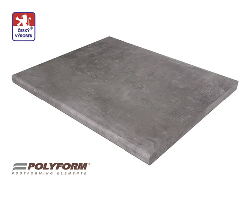 Kuchynská pracovná doska na mieru CEMENT 3,8x60 cm, dĺžka 50-300 cm Sivá pracovná doska so zaoblenými hranami a pečaťou ''Český výrobok'' a logom Polyform.