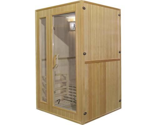 Drevená sauna so sklenenými dverami a oknom