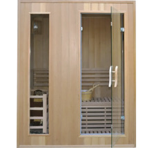 Drevená sauna so sklenenými dverami a kachľami na drevo