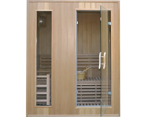 Sauna s drevenými stenami, sklenenou prednou stranou a drevenými lavicami
