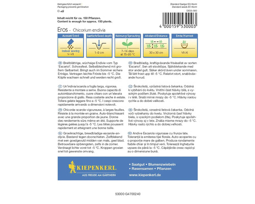 Balíček semien Eros Chicorium endivia s informáciami o výseve, hĺbke siatia, klíčeniu, vzdialenosti a zbere
