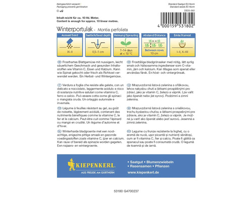 Balenie semien zimnej portulaky s informáciami o výseve, hĺbke siatia, klíčenie, vzdialenosti a zbere