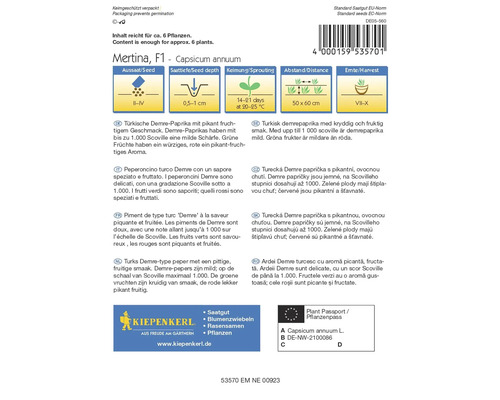 Vrecúško so semenami Mertina F1 Capsicum annuum s informáciami o výseve, hĺbke siatia, klíčenie, vzdialenosti a zbere