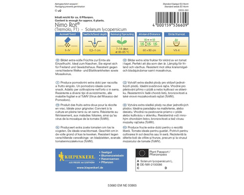 Balenie semien Nimo Rot Tremolo F1 Solanum lycopersicum s informáciami o výseve, hĺbke siatia, klíčenie, vzdialenosti a dobe zberu