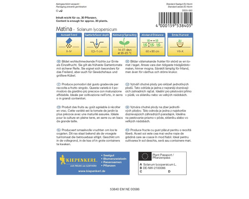 Balenie semien paradajok Matina s informáciami o výseve, hĺbke výsadby, klíčeniu, vzdialenosti a dobe zberu