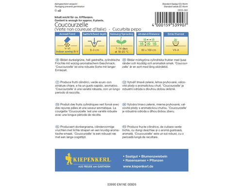 Balenie semien Coucourzelle s informáciami o výseve, vzdialenosti a dobe zberu