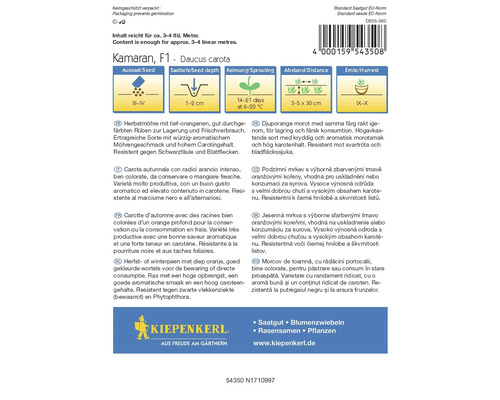 Balenie semien mrkvy Kamaran F1 od Kiepenkerl s informáciami o výseve, hĺbke siatia, klíčenie, vzdialenosti a dobe zberu