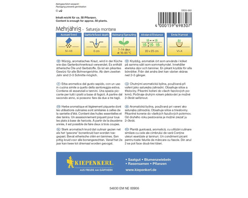 Balenie semien trvácej saturejky horskej s informáciami o siatí, hĺbke siatia, klíčeniu, vzdialenosti a zbere