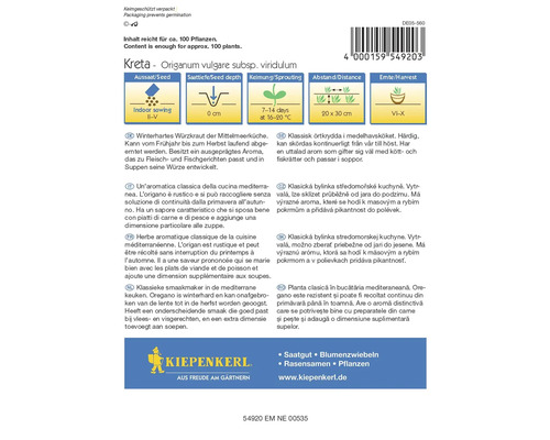 Balenie oregana odrody Kréta s informáciami o siatí, hĺbke siatia, klíčenie, vzdialenosti a zbere