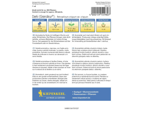 Balenie petržlenovej odrody Darki Grandeur s informáciami o siatí, klíčenie a zbere