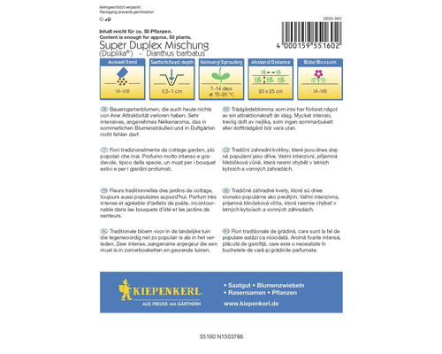 Balenie Super Duplex zmesi (Duplika) - Dianthus barbatus s informáciami o výseve, hĺbke siatia, klíčenie, vzdialenosti a dobe kvitnutia