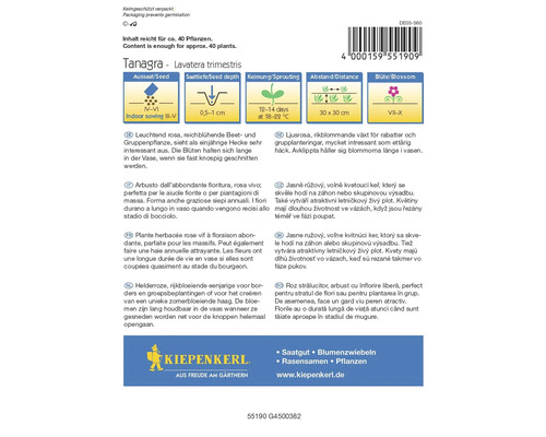 Balenie semien kvetov Tanagra Lavatera trimestris s informáciami o dobe výsevu, hĺbke siatia, klíčeniu, vzdialenosti a dobe kvitnutia
