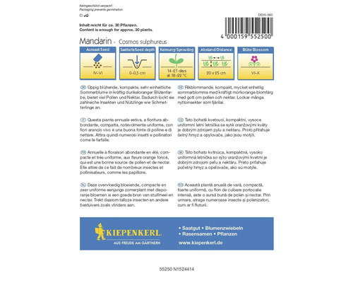 Balenie semien Mandarin Cosmos Sulphureus s informáciami o výseve, hĺbke výsadby, klíčenie, vzdialenosti a dobe kvitnutia