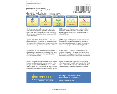 Balenie semien plnokvetej zmesi Bellis perennis s výsevom, hĺbkou siatia, klíčením, vzdialenosťou a dobou kvitnutia