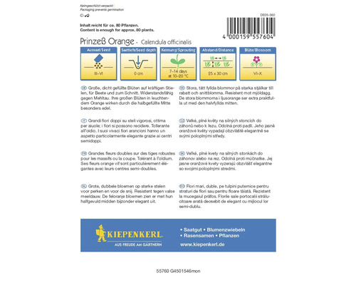 Balenie semien Nechtík lekársky Prinzeß Orange s informáciami o siatí, hĺbke siatia, klíčeniu, vzdialenosti a dobe kvitnutia