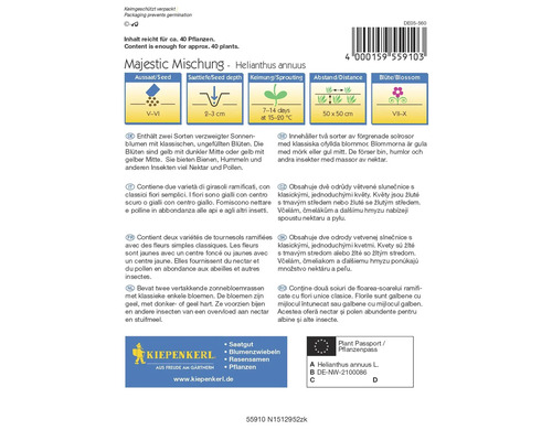 Balenie semien Majestic Mischung Helianthus annuus s informáciami o výseve, dobe kvitnutia a rastlinnom pase