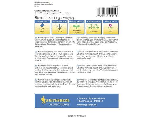 Zmes kvetov viacročná, informácie o siatí, hĺbke siatia, klíčeniu, vzdialenosti a dobe kvitnutia