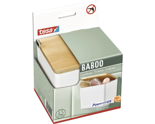 Úložný box Tesa Baboo v kartónovej krabici s technológiou Powerstrips Waterproof a symbolom zákazu vŕtačky