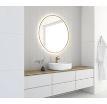LED Okrúhle zrkadlo do kúpeľne v zlatom ráme ROUND LINE BACKLIGHT s dotykovým senzorom a vyhrievacou podložkou 100 x 100 cm