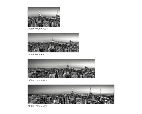 Štyri rôzne veľkosti nástennej maľby Profix so zobrazením New Yorku v odtieňoch sivej, veľkosti od 100 cm do 270 cm šírky.