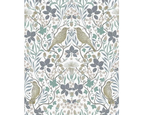 Vliesová tapeta FLORAL zelená biela 10,05x0,53m Heritage Tapeta so vzorom vtákov, chmeľu a kvetov