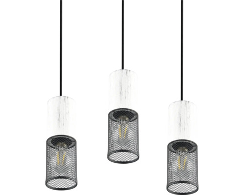 Závesné svietidlo s tromi lampami s kovovými a drevenými tienidlami