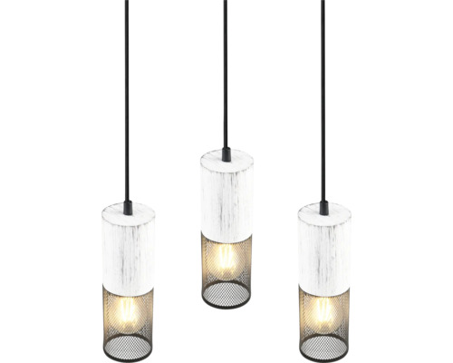 Tri závesné svietidlá s drevenými prvkami a kovovou mriežkou