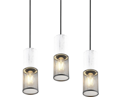 Závesné svietidlo s tromi žiarovkami s drevenými tienidlami a kovovou mriežkou