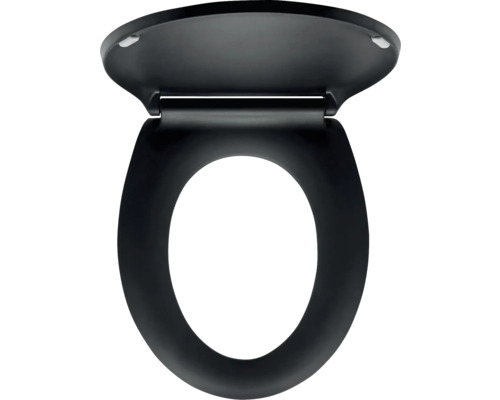 Čierna záchodová doska s vekom, otvorená.