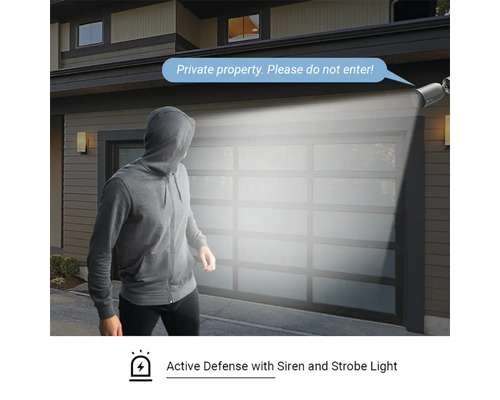 Bezpečnostná kamera so sirénou a stroboskopickým svetlom odstrašuje osobu pred garážou