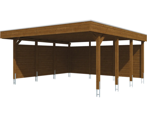 Drevený carport s plochou strechou a bočnými stenami