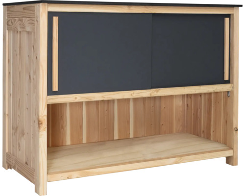 Vonkajšia kuchyňa Konsta 603 skrinka nízka 120 x 58 x 92 cm douglaska HPL antracit Záhradná skriňa z dreva s posuvnými dverami a otvorenou policou