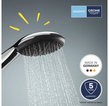 Sprchová hlavica s prúdom vody, logo Grohe Quickfix, pečať Made in Germany, pečať záruky 5 rokov