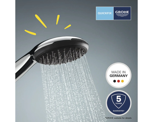 Sprchová hlavica s prúdom vody, logo Grohe Quickfix, pečať Made in Germany, pečať záruky 5 rokov