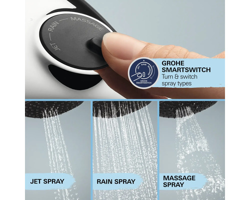 Sprchová hlavica Grohe SmartSwitch s rôznymi typmi prúdu: jet, rain a masážny.