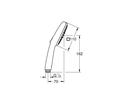 Technický nákres sprchovej hlavice s rozmermi.
