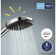 Ručná sprcha s prúdom vody, logo Grohe QuickFix, pečať Made in Germany, pečať záruky 5 rokov