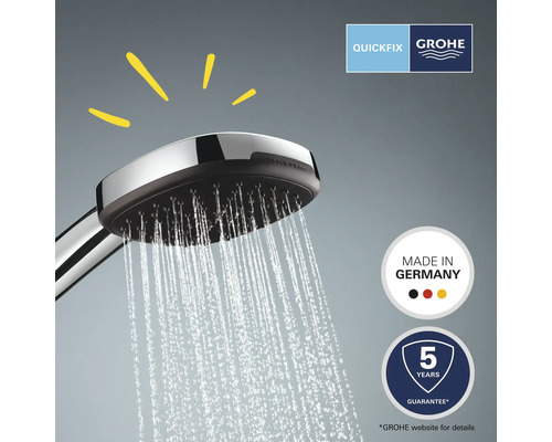 Ručná sprcha s prúdom vody, logo Grohe QuickFix, pečať Made in Germany, pečať záruky 5 rokov