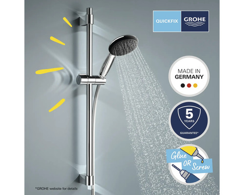 Sprchová tyč s ručnou sprchou a prietokom vody a tiež logo Grohe, pečať Made in Germany, päťročná záruka a symbol lepenia alebo skrutkovania