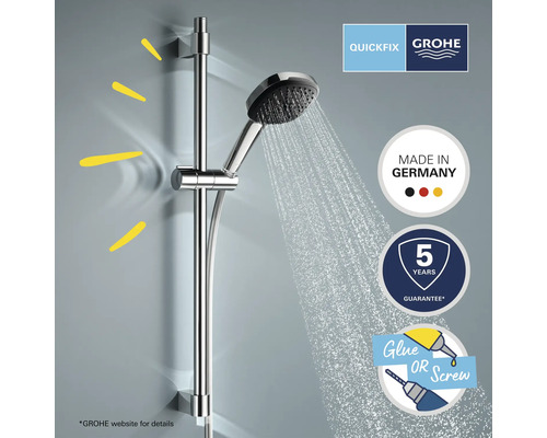 Sprchová tyč s ručnou sprchou a výtokom vody. Logo Grohe Quickfix. Značka Made in Germany. Pečať päťročnej záruky. Symbol lepenia alebo skrutkovania.