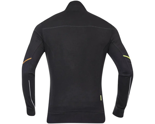 Pohľad zozadu na čiernu pracovnú bundu na zips