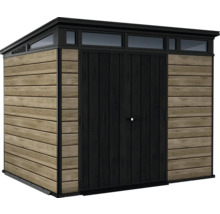 Záhradný domček s dvojkrídlovými dverami, bočnými oknami a dreveným obkladom