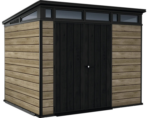 Záhradný domček s dvojkrídlovými dverami, bočnými oknami a dreveným obkladom