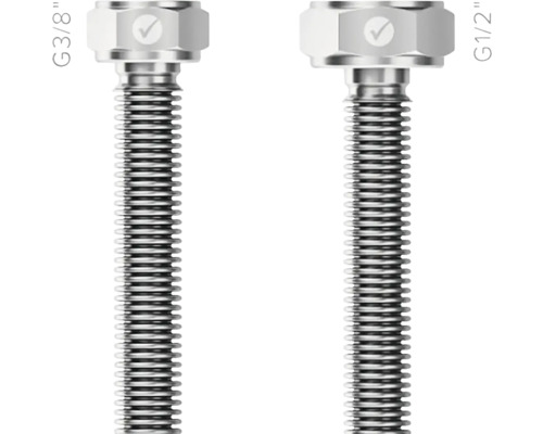Zváraná toaletná hadica Merabell Aqua Classic G3/8"-G1/2" 35 cm Dve predĺženia ventilu, jedno s G3/8 palca a druhé s G1/2 palca.