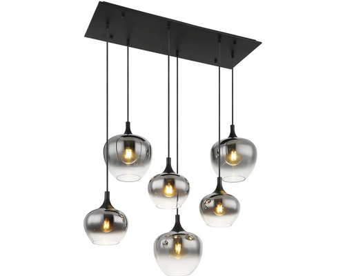 Závesné svietidlo so šiestimi sivými sklenenými tienidlami