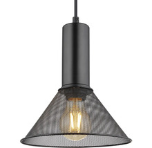 Závesná lampa s kovovou základňou a tienidlom z drôteného pletiva