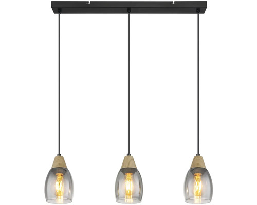 Závesné svietidlo s tromi žiarovkami, sklenené a drevené detaily