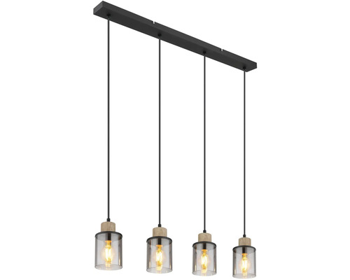 Závesná lampa so štyrmi žiarovkami, sklenenými tienidlami a drevenými detailmi